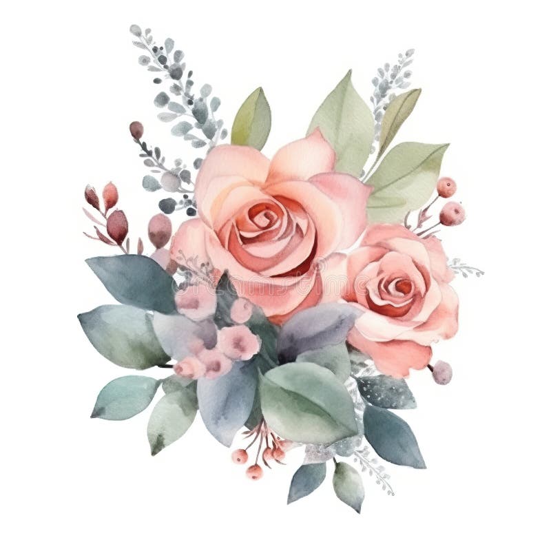 Watercolor Floral Bouquet with Roses and Eucalyptus Stock Illustration -  Illustration of dusty, wedding: 126093352
