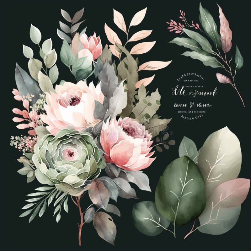 Watercolor floral bouquet set with green leaves, pink peach blush white flowers, leaf branches, for wedding invitations, greetings