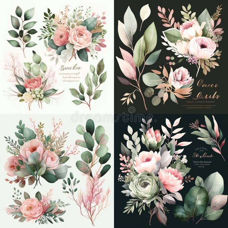 Watercolor floral bouquet set with green leaves, pink peach blush white flowers, leaf branches, for wedding invitations, greetings