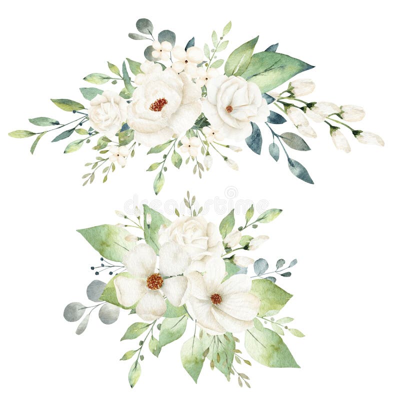 Watercolor floral clipart with white flowers and greenery leaves. Graphics for invitations, diy, creative scrapbooking