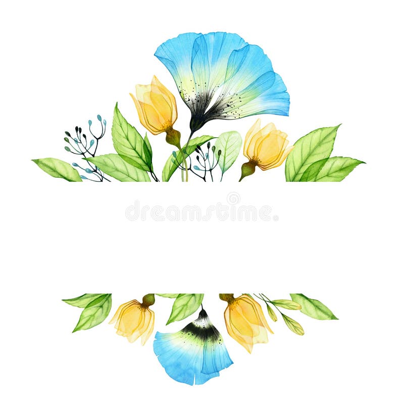 Watercolor floral composition with yellow roses and blue anemone. Abstract banner with Ukrainian flowers and leaves