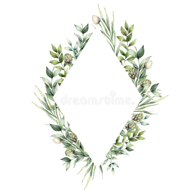 Watercolor floral frame. Hand painted flower buds, artichoke and eucalyptus leaves isolated on white background. Spring border illustration for design, print, fabric or background