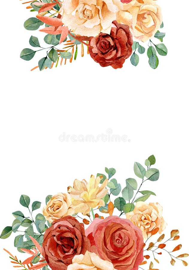 Watercolor floral frame wedding invitation, red and peach flowers roses and peonies, eucalyptus leaves. royalty free stock image Watercolor floral frame wedding invitation, red and peach flowers roses and peonies, eucalyptus leaves. royalty free stock image
