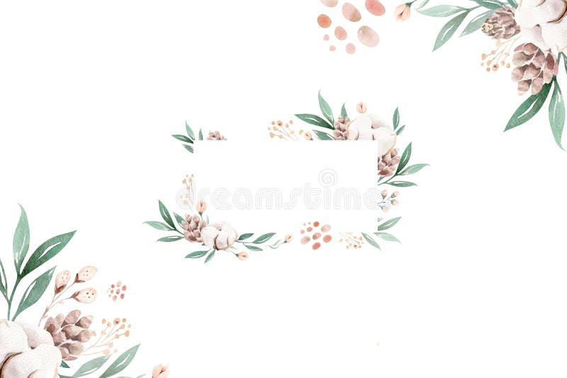 Watercolor floral wreath and bouquet frame illustration with cotton balls peach color, white, pink, vivid flowers, green