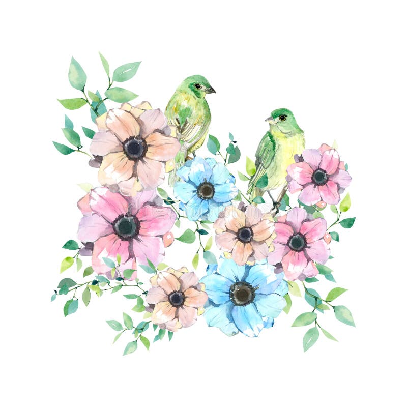 Watercolor floral navy blue leaves and peach color rustic bouquet. Bright flower and romantic bird for greeting card, weddig stock illustration Watercolor floral navy blue leaves and peach color rustic bouquet. Bright flower and romantic bird for greeting card, weddig stock illustration