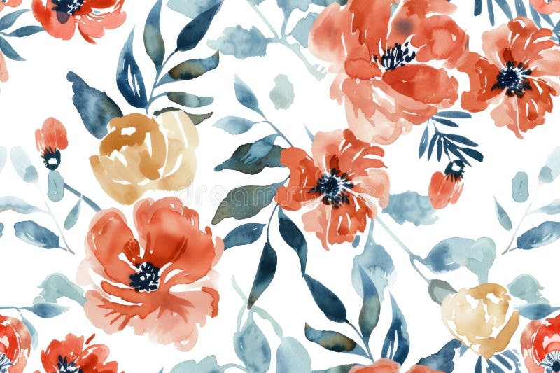 Watercolor Floral Pattern with Vibrant Spring Blossoms on White Background stock photos
