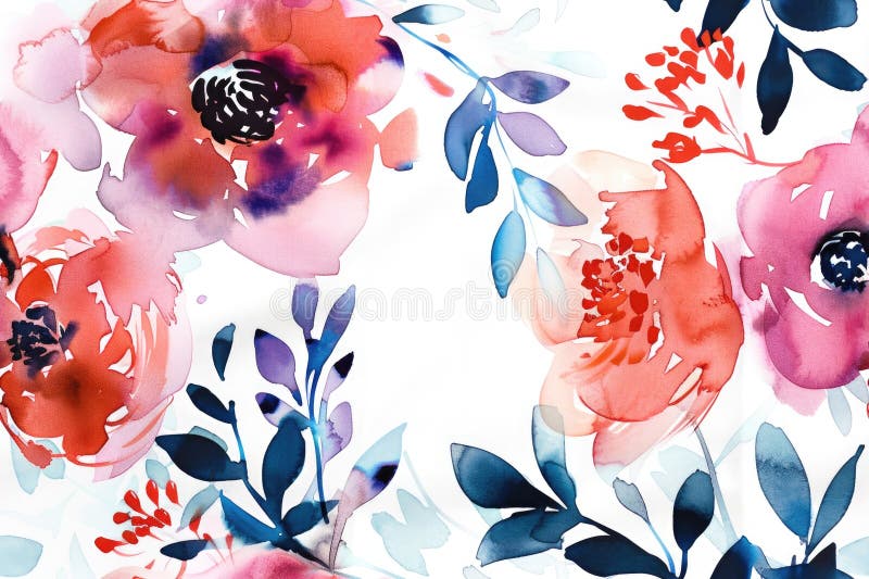 Watercolor Floral Pattern with Vibrant Spring Blossoms on White Background royalty free stock photos