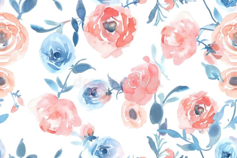 Watercolor Floral Pattern with Vibrant Spring Blossoms on White Background vector illustration