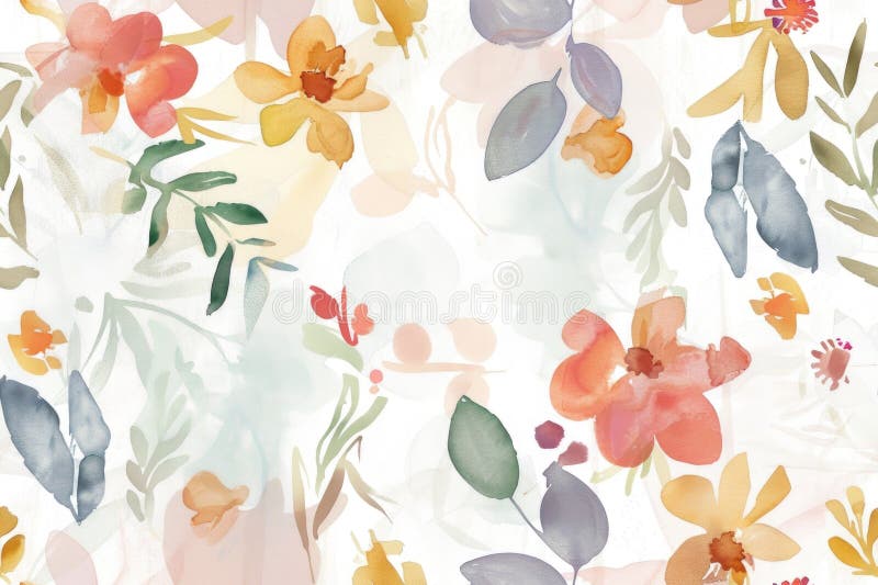 Watercolor Floral Pattern with Vibrant Spring Blossoms on White Background stock photography