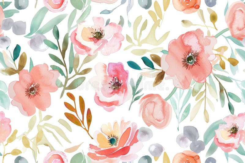 Watercolor Floral Pattern with Vibrant Spring Blossoms on White Background royalty free stock photos