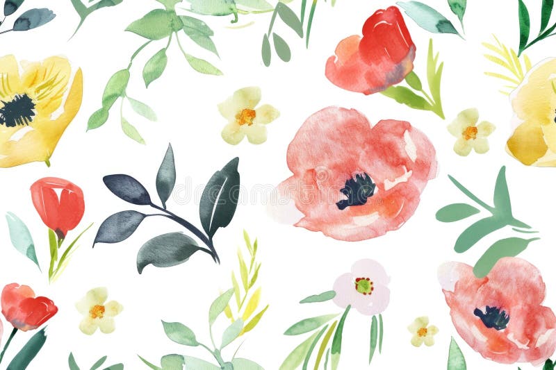 Watercolor Floral Pattern with Vibrant Spring Blossoms on White Background vector illustration