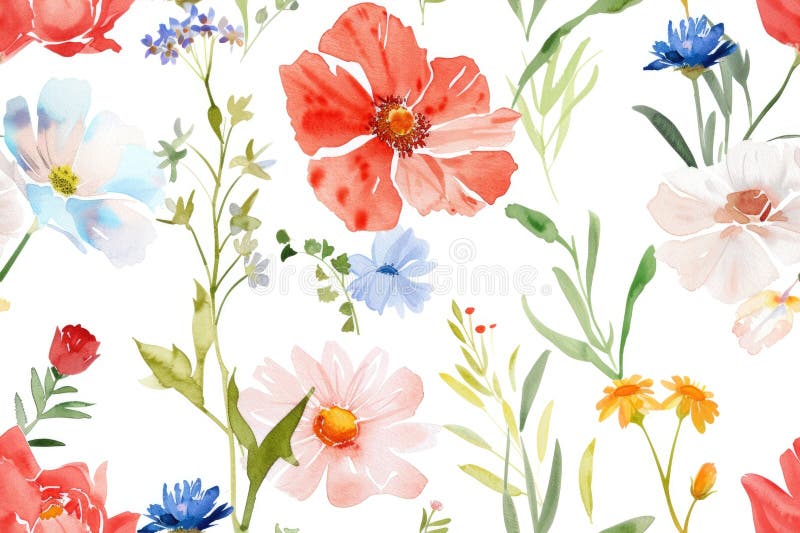 Watercolor Floral Pattern with Vibrant Spring Blossoms on White Background royalty free illustration