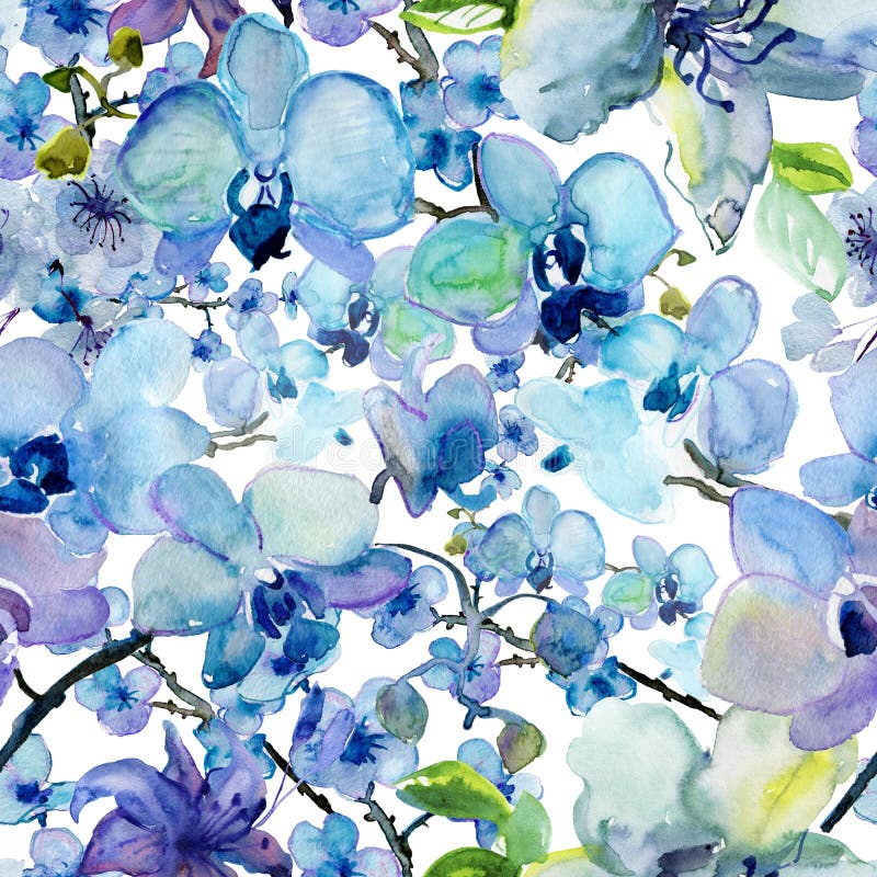 Watercolor floral seamless pattern with orchid flowers