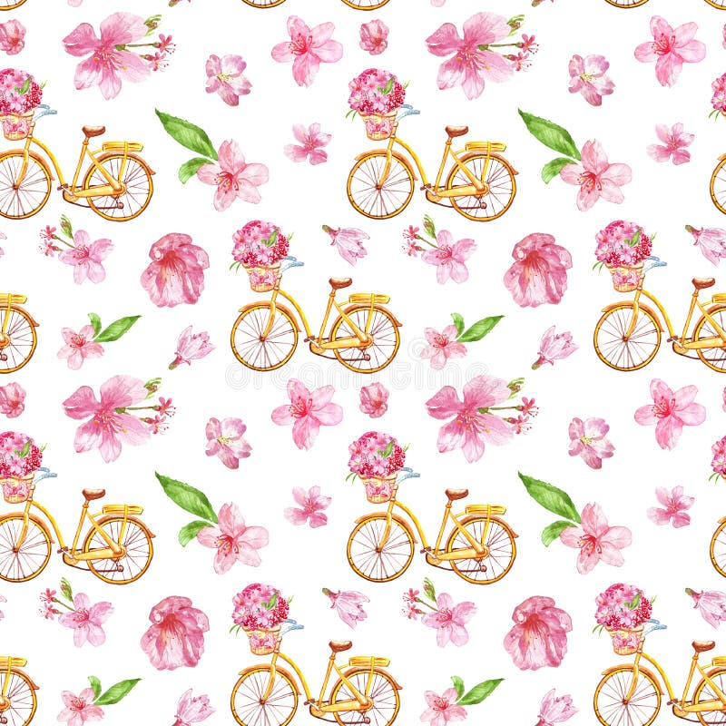 Watercolor floral seamless pattern with pink flowers and bicycle, isolated on white background. Summer illustration