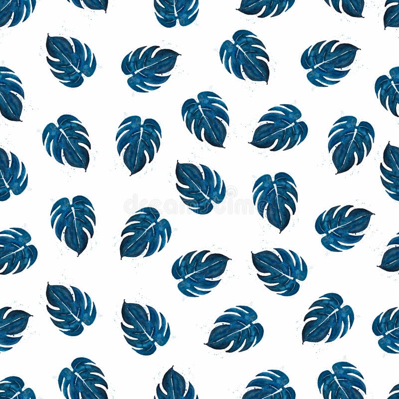 Watercolor floral texture. Seamless botanical pattern with monstera leaves in blue color with splashes isolated on white