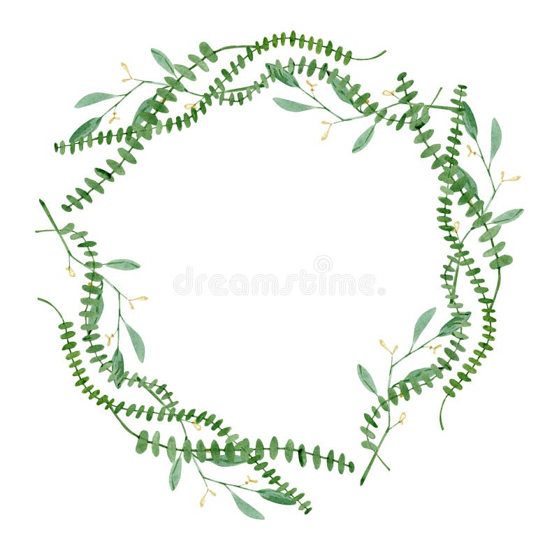 Watercolor floral wreath, delicate green leaves and branches. Cute minimal greenery circle frame invitation. royalty free illustration Watercolor floral wreath, delicate green leaves and branches. Cute minimal greenery circle frame invitation. royalty free illustration