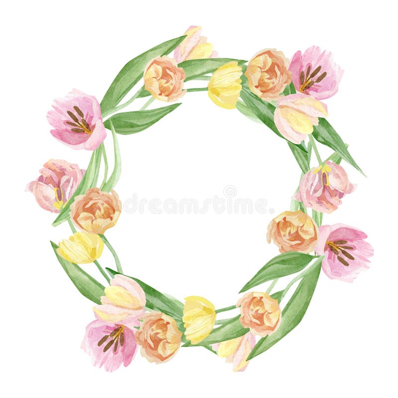 Watercolor floral wreath illustration with tulips, green leaves, for wedding stationery, greeting card, baby shower stock illustration Watercolor floral wreath illustration with tulips, green leaves, for wedding stationery, greeting card, baby shower stock illustration