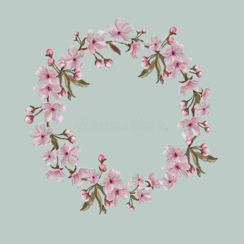 Watercolor Floral Wreath on Mint Background. For Valentine,. Easter, Mother`s Day, Wedding, and Engagement. Hand Painted Watercolor Apple/Cherry/Almond Blooms vector illustration