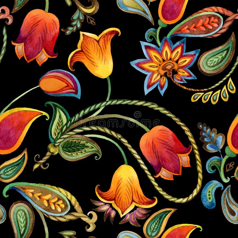 Watercolor flower paisley pattern. Seamless Indian motif background. royalty free illustration Watercolor flower paisley pattern. Seamless Indian motif background. royalty free illustration