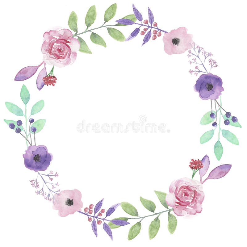 watercolor flower wreath purple rose garland leaf pink roses hand painted watercolour clip art high quality floral 98621825