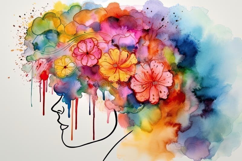 Watercolor , Flowers As Human Brain , New Ideas and Creative Thinking