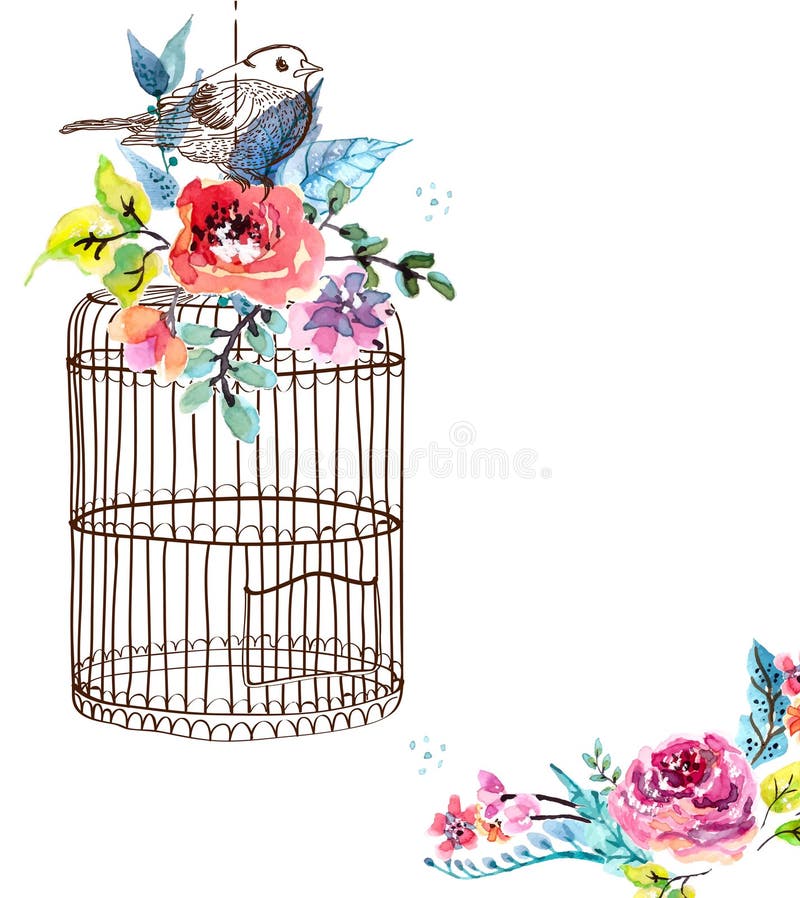 Watercolor flowers and bird cage