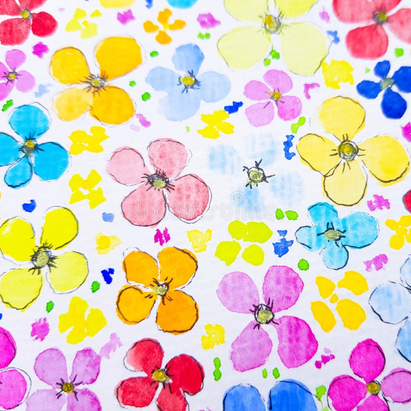 Watercolor flowers of different colors on a white paper background