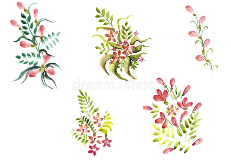 Watercolor Flowers in Different Styles Stock Illustration