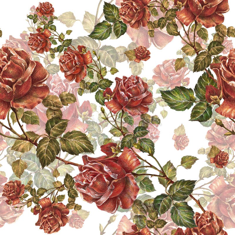 Watercolor red roses with leaves on white background. Floral seamless pattern for paper, wallpaper and fabric. Watercolor red roses with leaves on white background. Floral seamless pattern for paper, wallpaper and fabric.