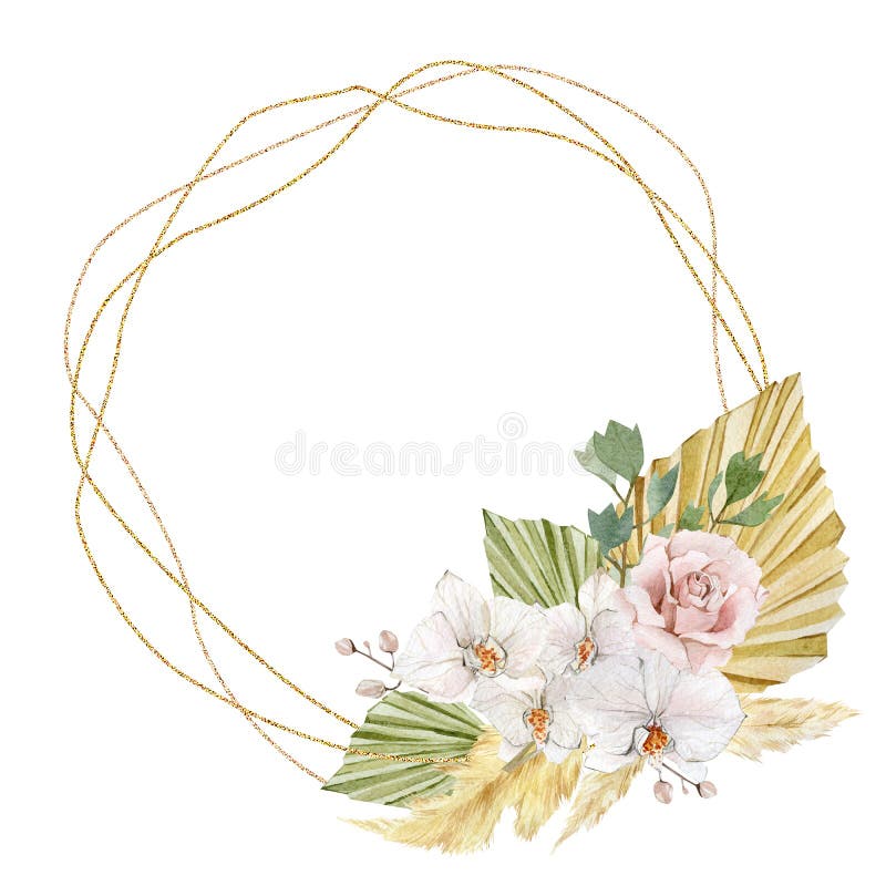 Watercolor flowers and tropical wilflorals wreath. Dried branches, rose, orhids. Tropical bohemian illustration vector illustration Watercolor flowers and tropical wilflorals wreath. Dried branches, rose, orhids. Tropical bohemian illustration vector illustration