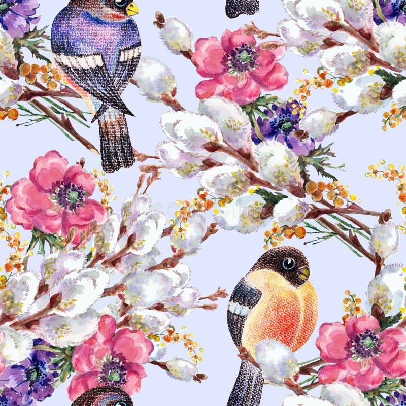 Watercolor flowers, willow with bird Bullfinch. Floral seamless pattern on a blue background.