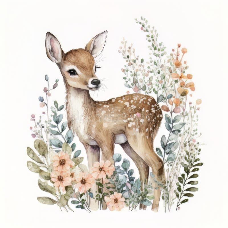 Watercolor Forest Cartoon Isolated Cute Baby Deer Animal. Illustration ...
