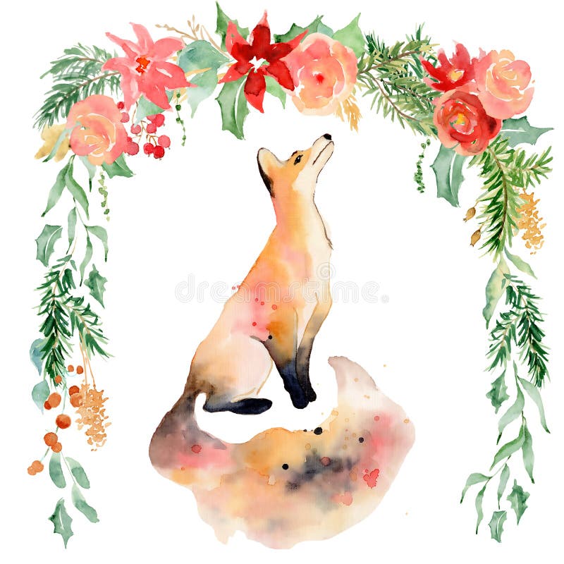 Watercolor fox with flowers Animal illustration isolated on white background. Hand drawn