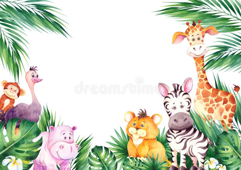 Watercolor frame with cute african cartoon animals. Little giraffe, zebra, lion and hippo in green topical leaves.