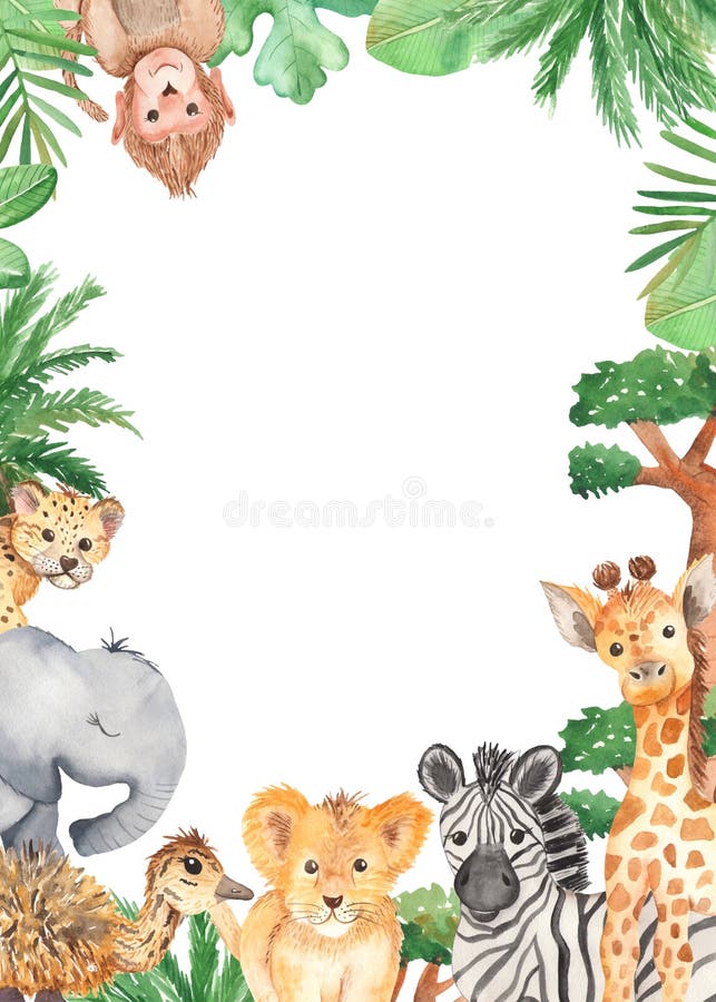 Watercolor frame with cute cartoon animals of Africa.