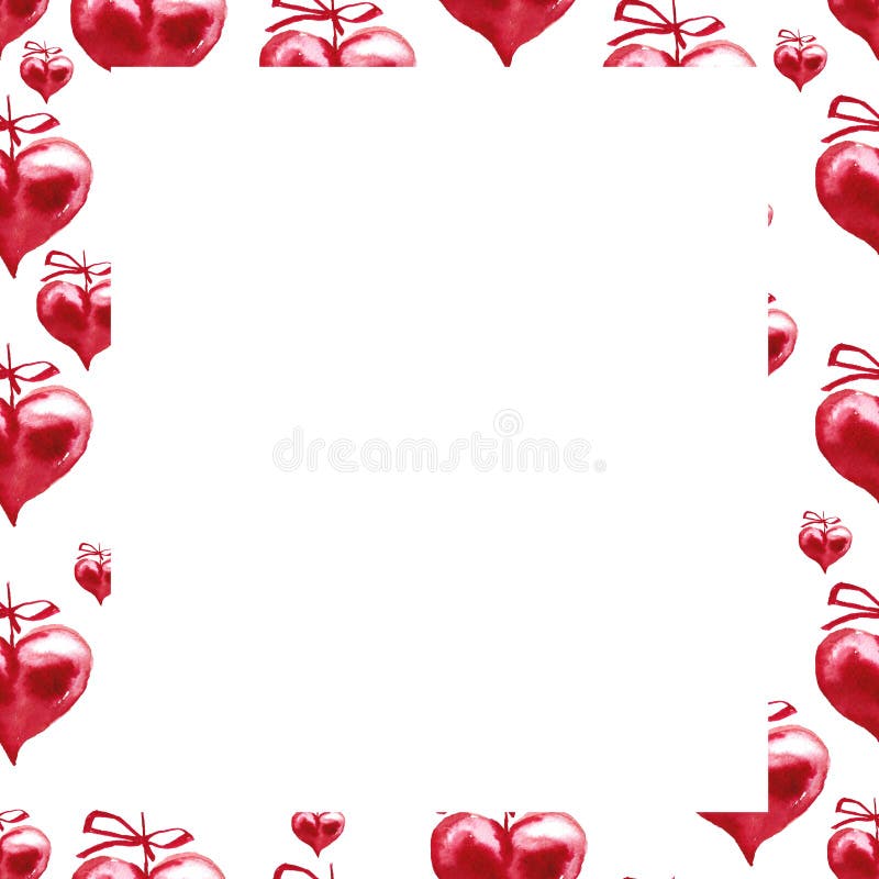 Watercolor frame. Red hearts. Happy Valentine`s day background.