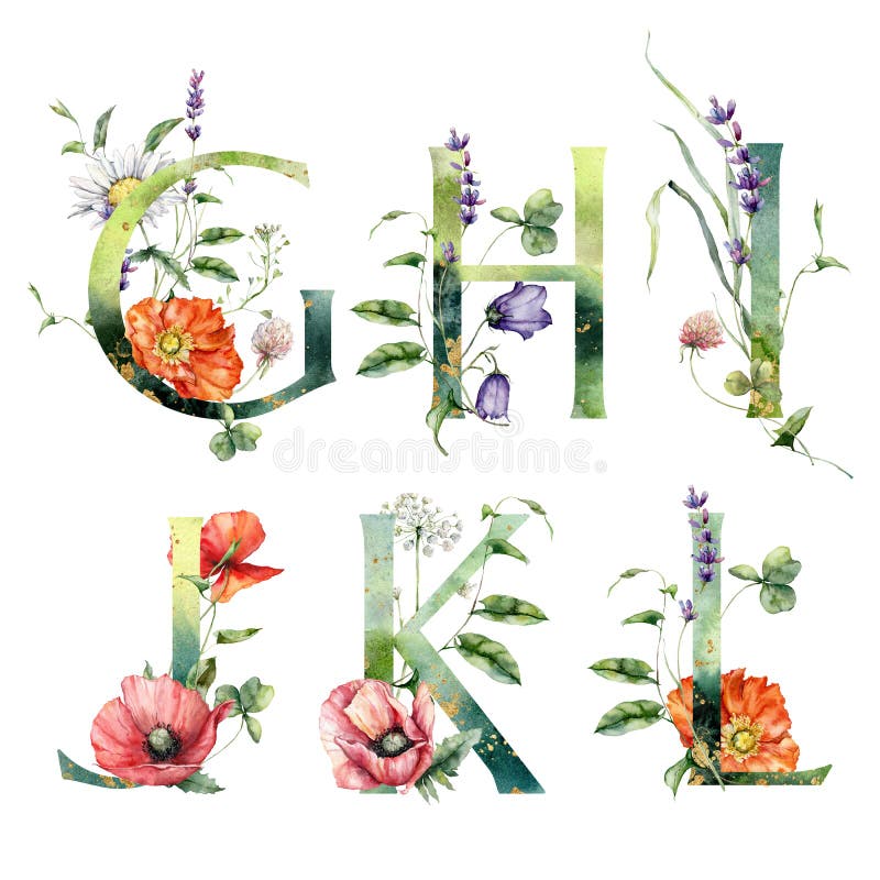 Watercolor Frolal Alphabet Set of M, N, P, O, R, S with Wild Flowers ...