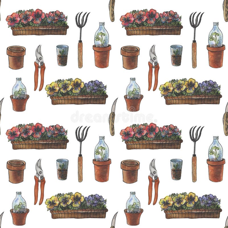 Watercolor Garden Tools, Gardening, Garden Equipment Seamless Pattern