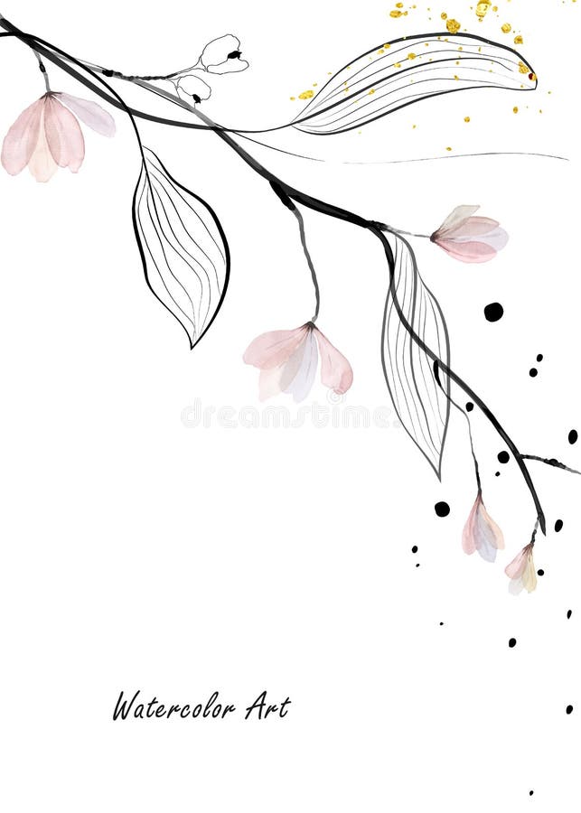 Watercolor gentle natural art of branches, leaves and pink flower