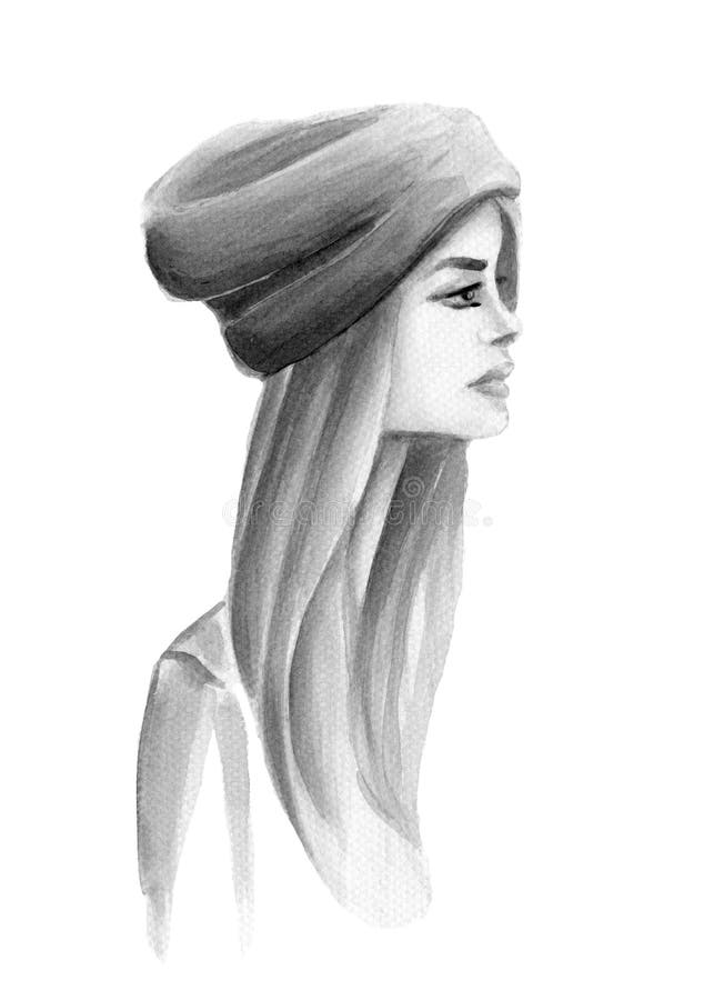 Watercolor Girl with a Hat in Profile Stock Illustration Illustration