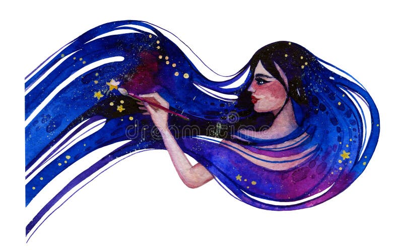 Watercolor girl who paints a stars on her hair with a brush. She has a starry sky instead of hair. Watercolor girl who paints a stars on her hair with a brush. She has a starry sky instead of hair