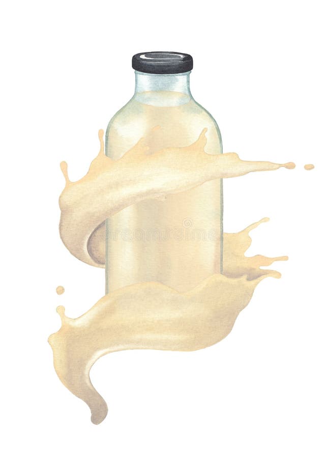 Watercolor glass bottle surrounded by the stream of the plant based milk. Hand painted illustration isolated on the white background vector illustration Watercolor glass bottle surrounded by the stream of the plant based milk. Hand painted illustration isolated on the white background vector illustration