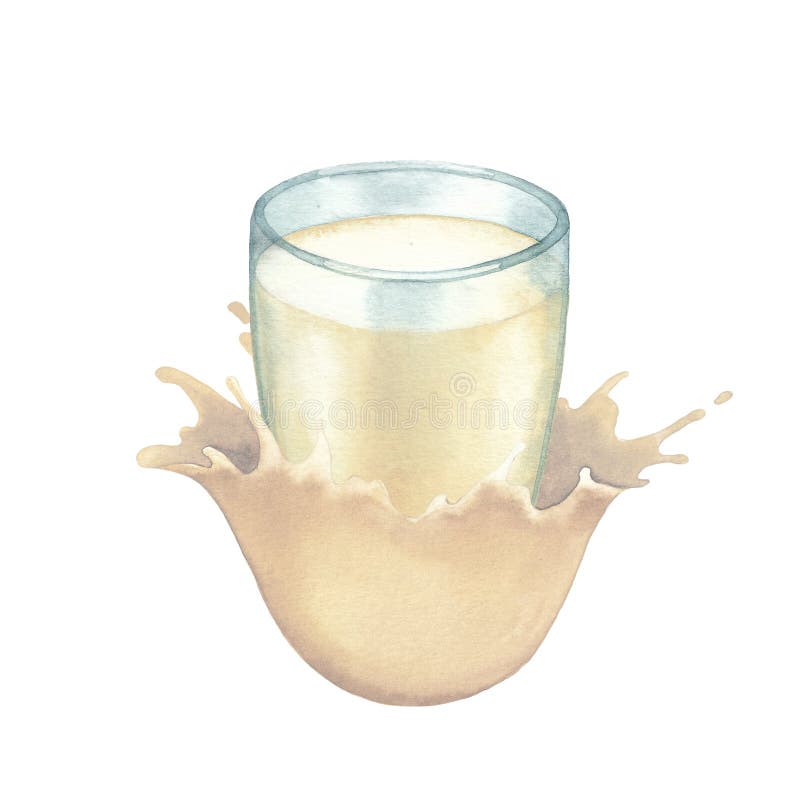 Watercolor glass of the plant based milk decorated with splashes. Hand painted illustration isolated on the white background royalty free illustration Watercolor glass of the plant based milk decorated with splashes. Hand painted illustration isolated on the white background royalty free illustration