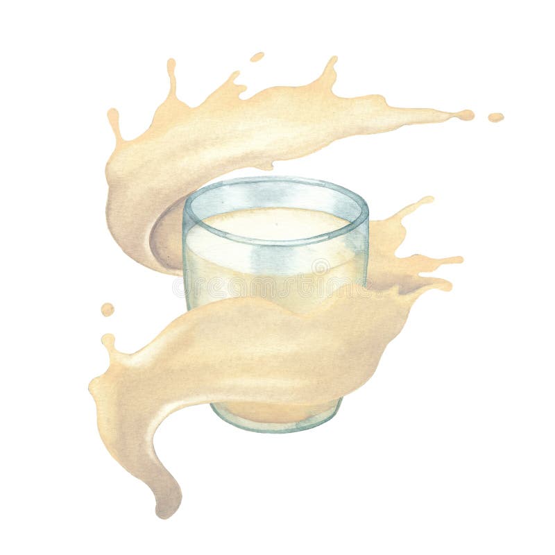 Watercolor glass surrounded by the stream of the plant based milk. Hand painted illustration isolated on the white background vector illustration Watercolor glass surrounded by the stream of the plant based milk. Hand painted illustration isolated on the white background vector illustration