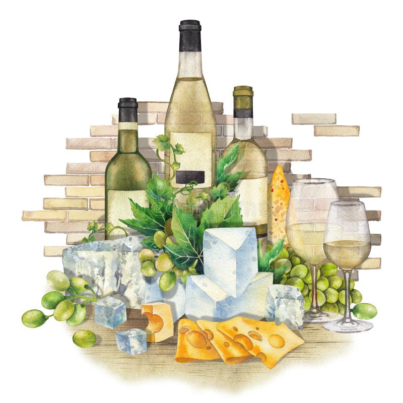 Watercolor Glasses of White Wine, Bottles, White Grapes and Cheese ...