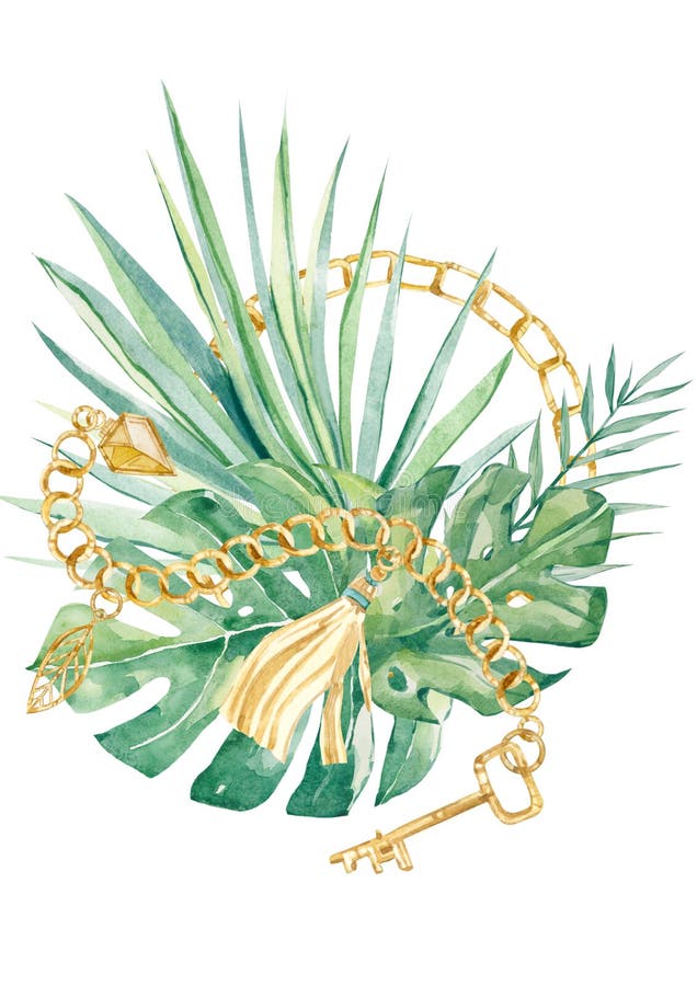 Watercolor golden chain and tropical leaves illustration. Design arragement for greeting card, template, banner stock illustration Watercolor golden chain and tropical leaves illustration. Design arragement for greeting card, template, banner stock illustration