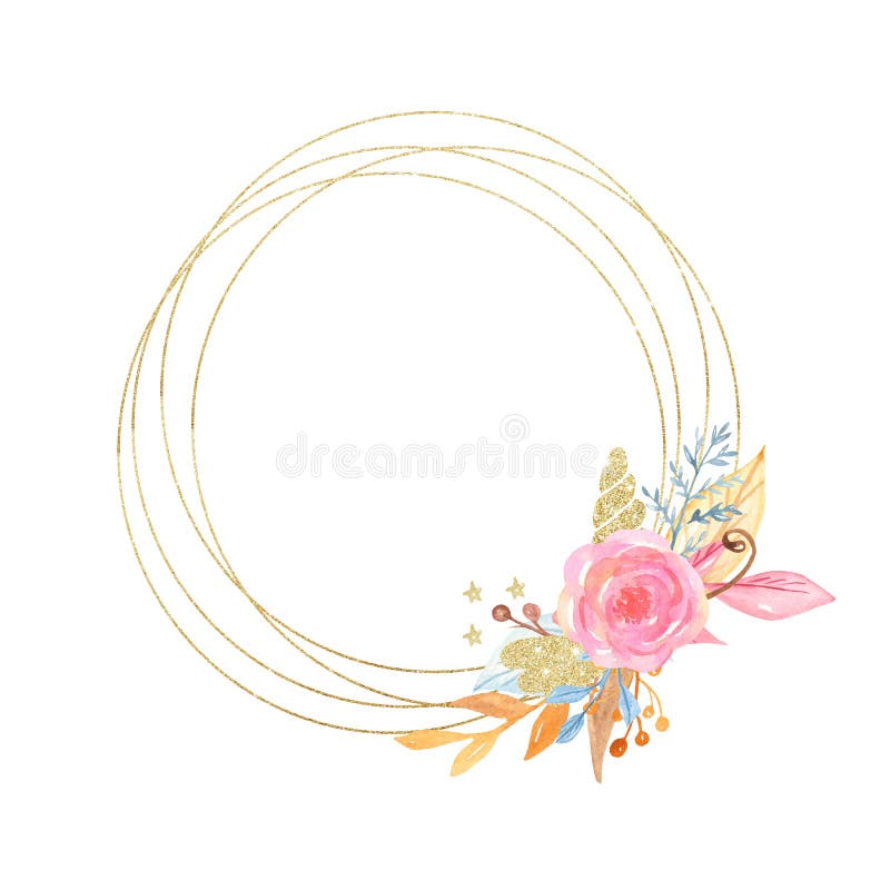 Watercolor golden round, rectangular frame with flowers. Romantic Unicorn collection. stock illustration