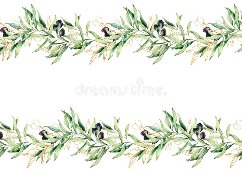 Watercolor and golden sketch seamless border with olive branch and leaves. Hand painted floral illustration isolated on
