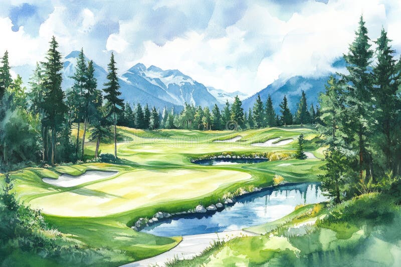 Mountain Golf Course Watercolor royalty free illustration