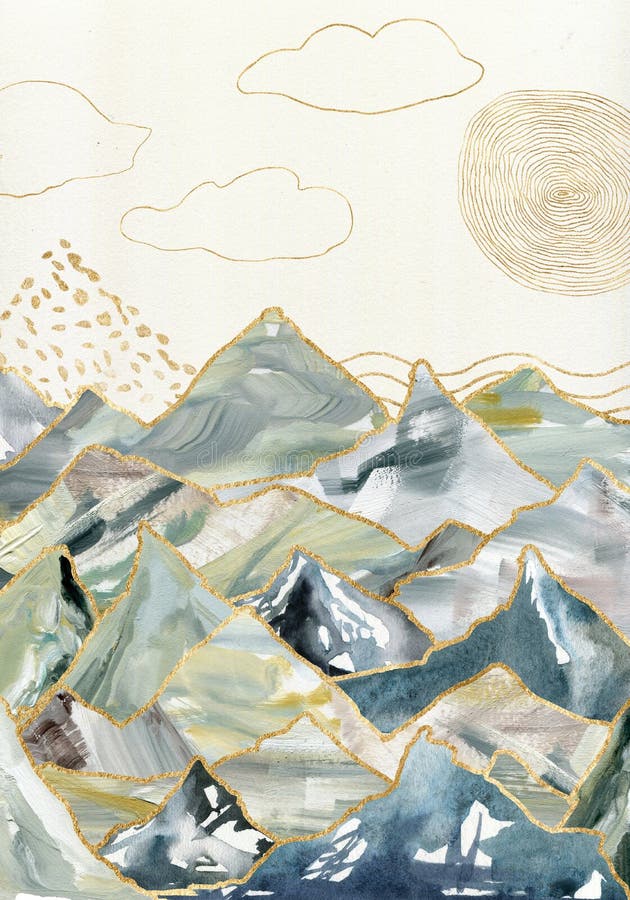 Watercolor and gouache landscape of mountains, sun, sky and clouds. Hand painted abstract and gold mountains